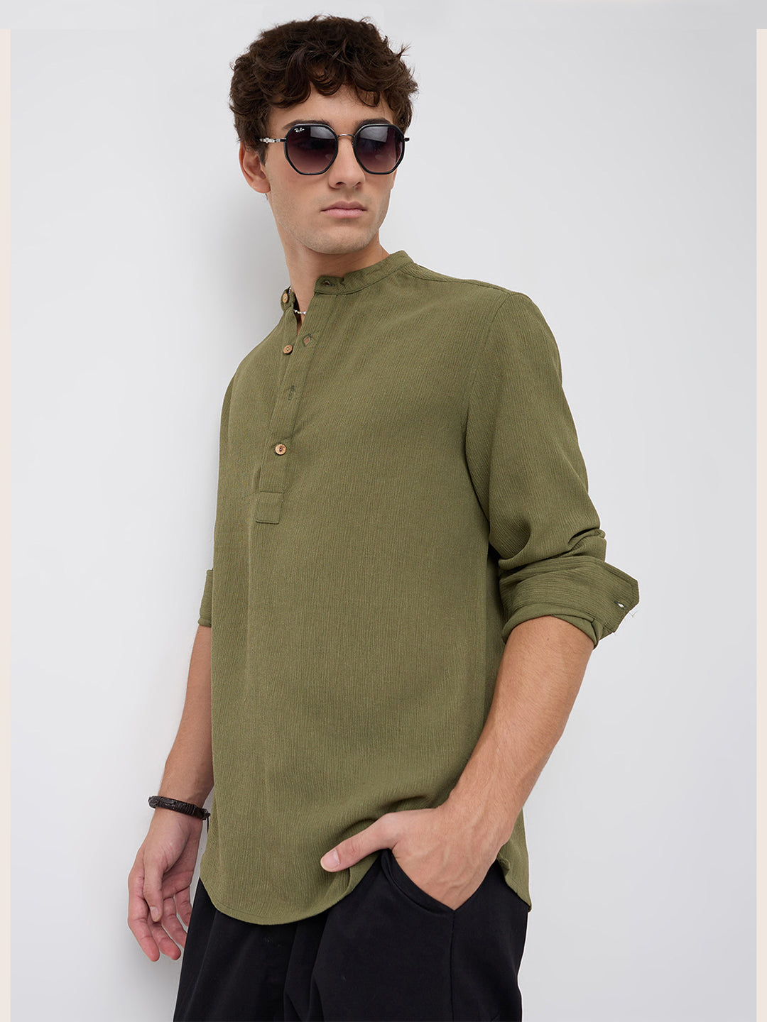 Olive Green Crepe Textured Kurta