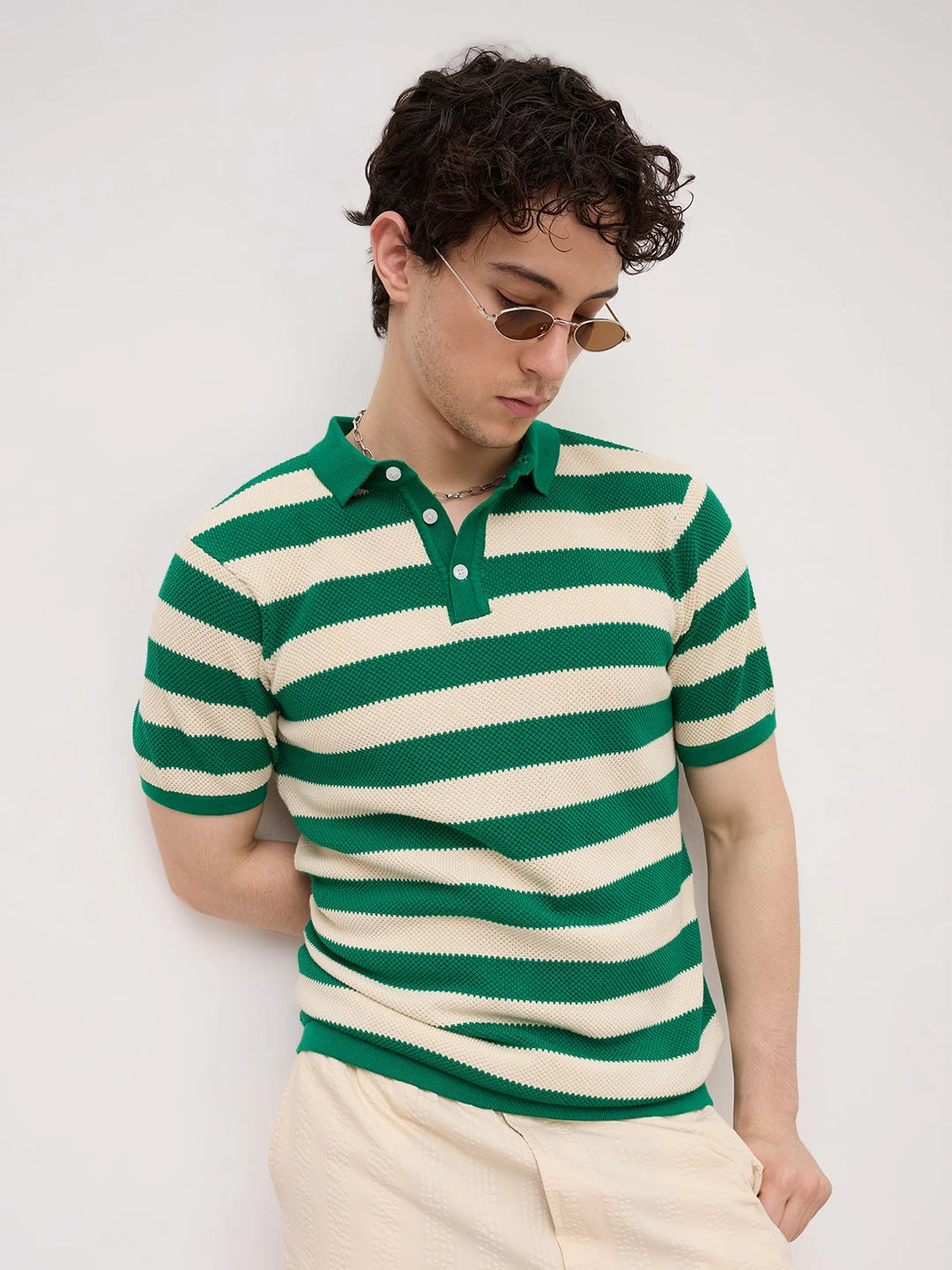 Emerald Green Coast Striped Flat Knit Polo T-Shirt