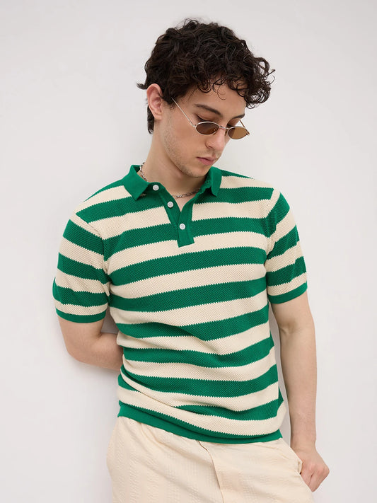 Emerald Green Coast Striped Flat Knit Polo T-Shirt