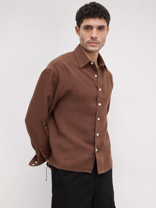 Plush Chocolate Brown Sheer Weave Boxy Fit Crop Shirt