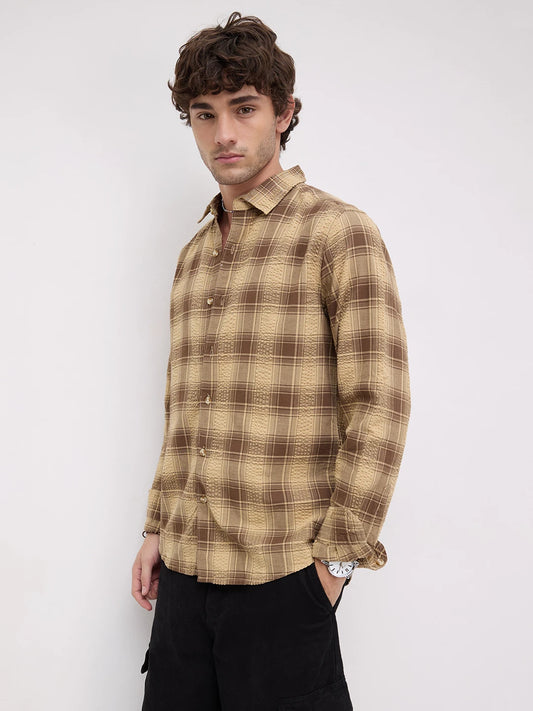 Brown Seersucker Checkered Shirt