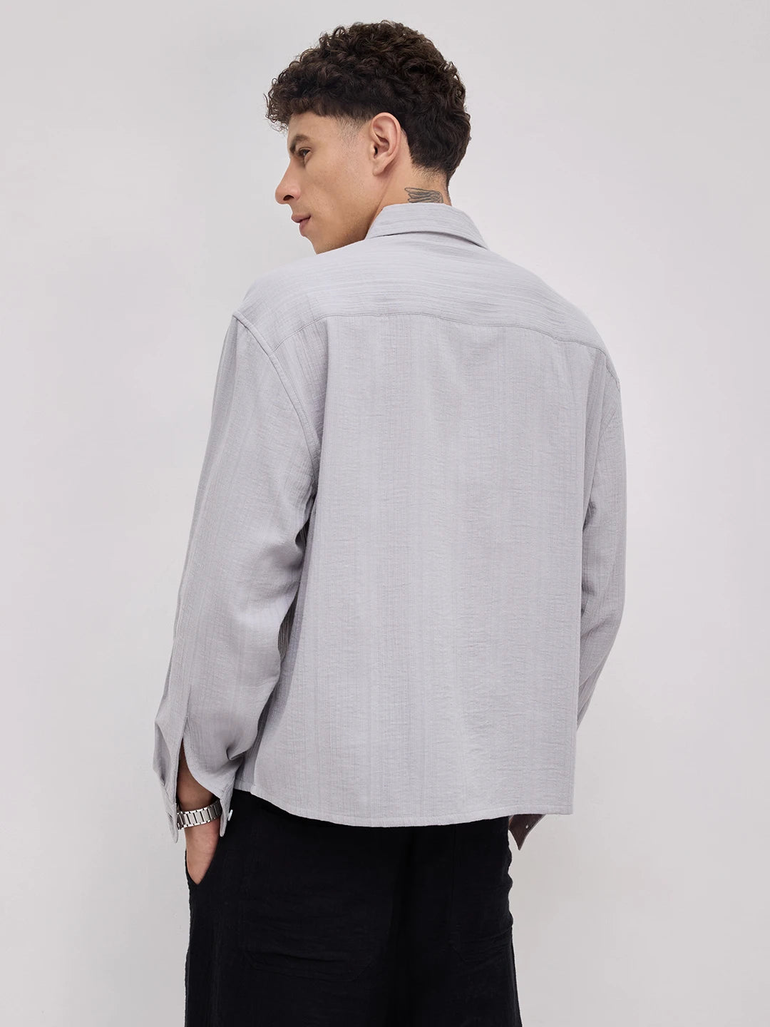 Frost Grey Double Cloth Seersucker Striped Boxy Fit Crop Shirt