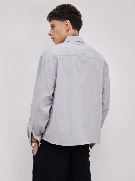 Frost Grey Double Cloth Seersucker Striped Boxy Fit Crop Shirt