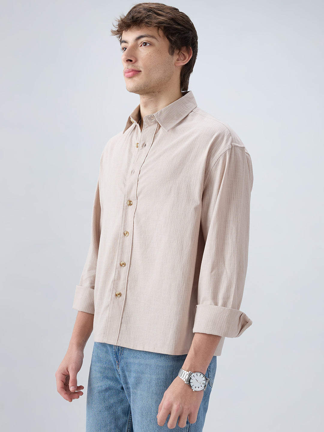 Neutral Beige Airy Slub Textured Boxy Fit Crop Shirt