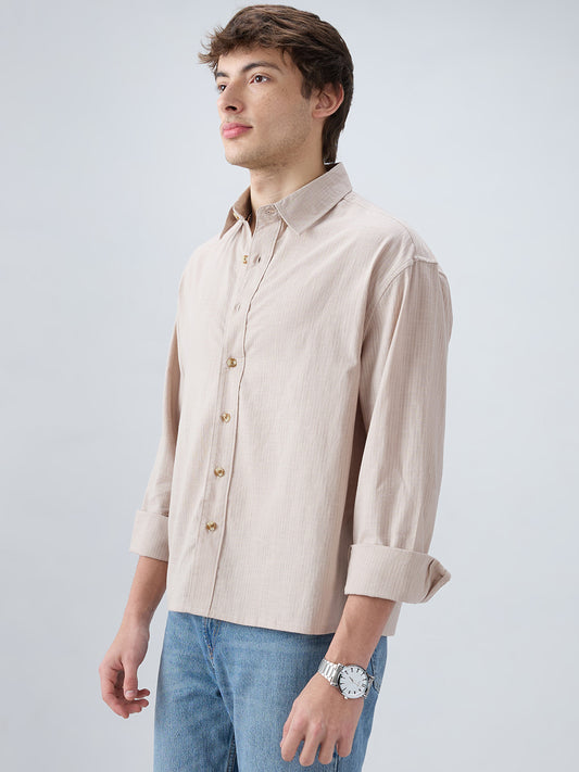 Neutral Beige Airy Slub Textured Boxy Fit Crop Shirt