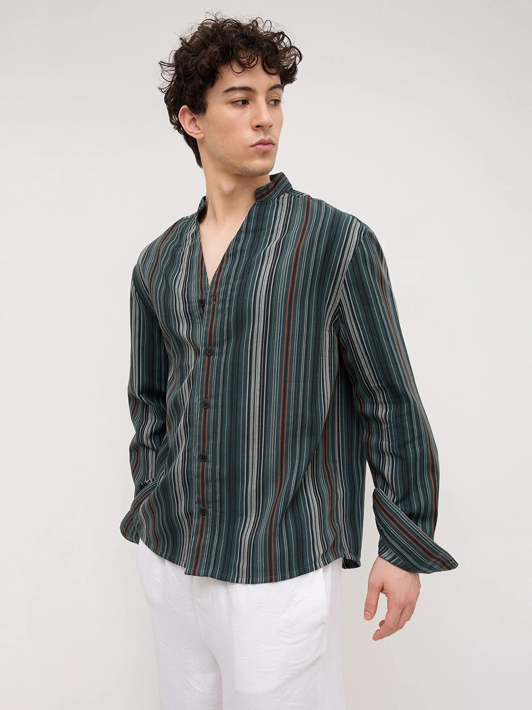 Evergreen Multi-Striped Stand Collar Oversized Shirt