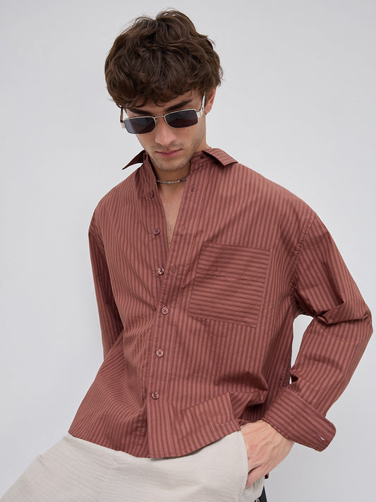 Plush Russet Brown Shadow Striped Boxy Fit Crop Shirt