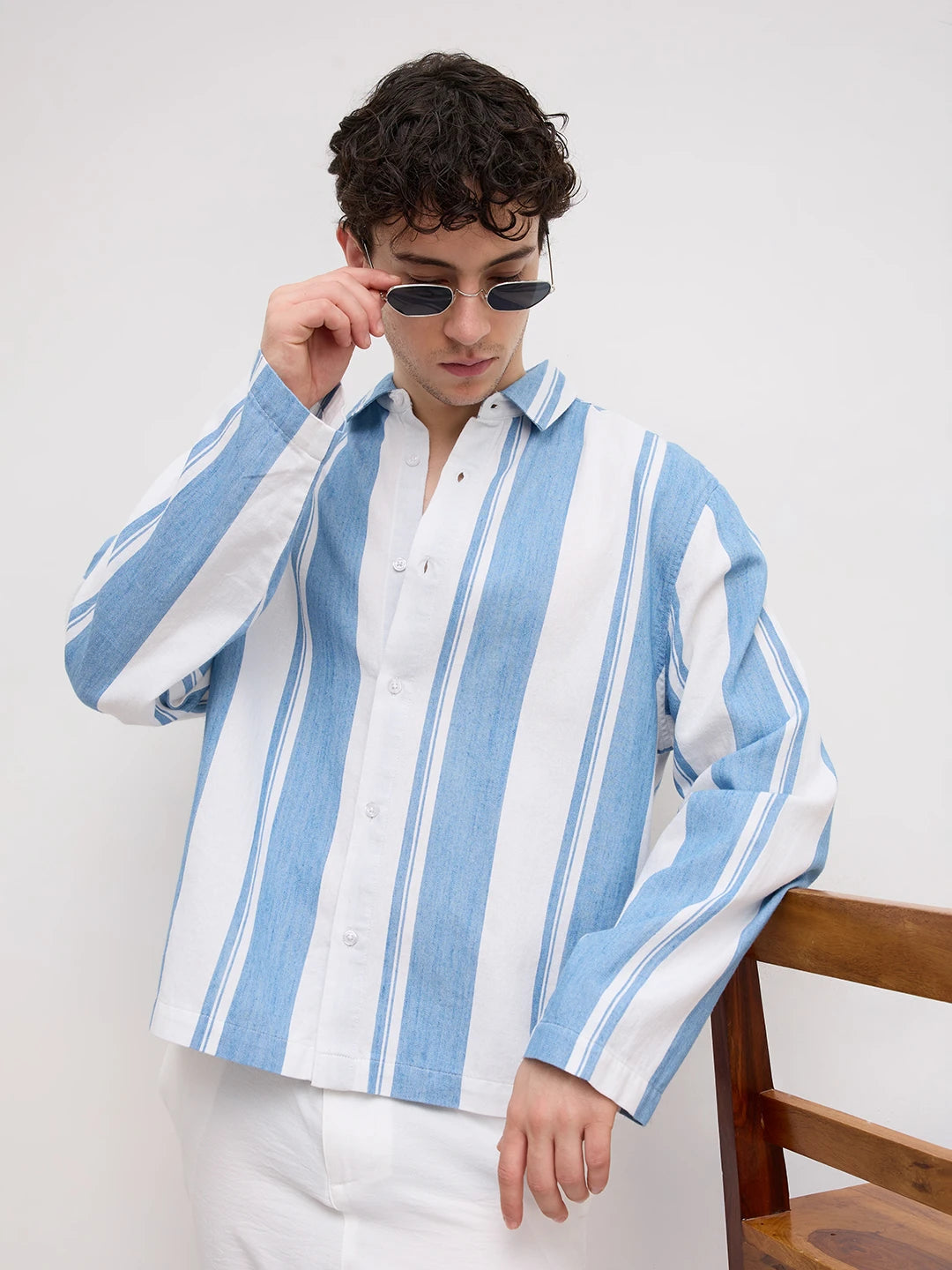 Denim Broad Stripes Oversized Cuffless Shirt