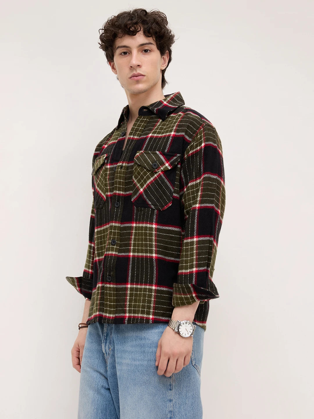 Premium Red & Olive Checks Double Pocket Boxy Fit Crop Shirt