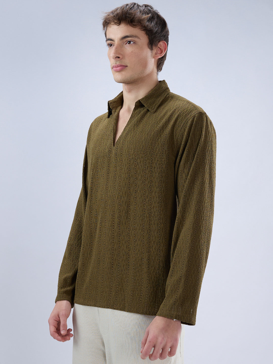 Olive Fine Lozenge Weave Polo Oversized Shirt