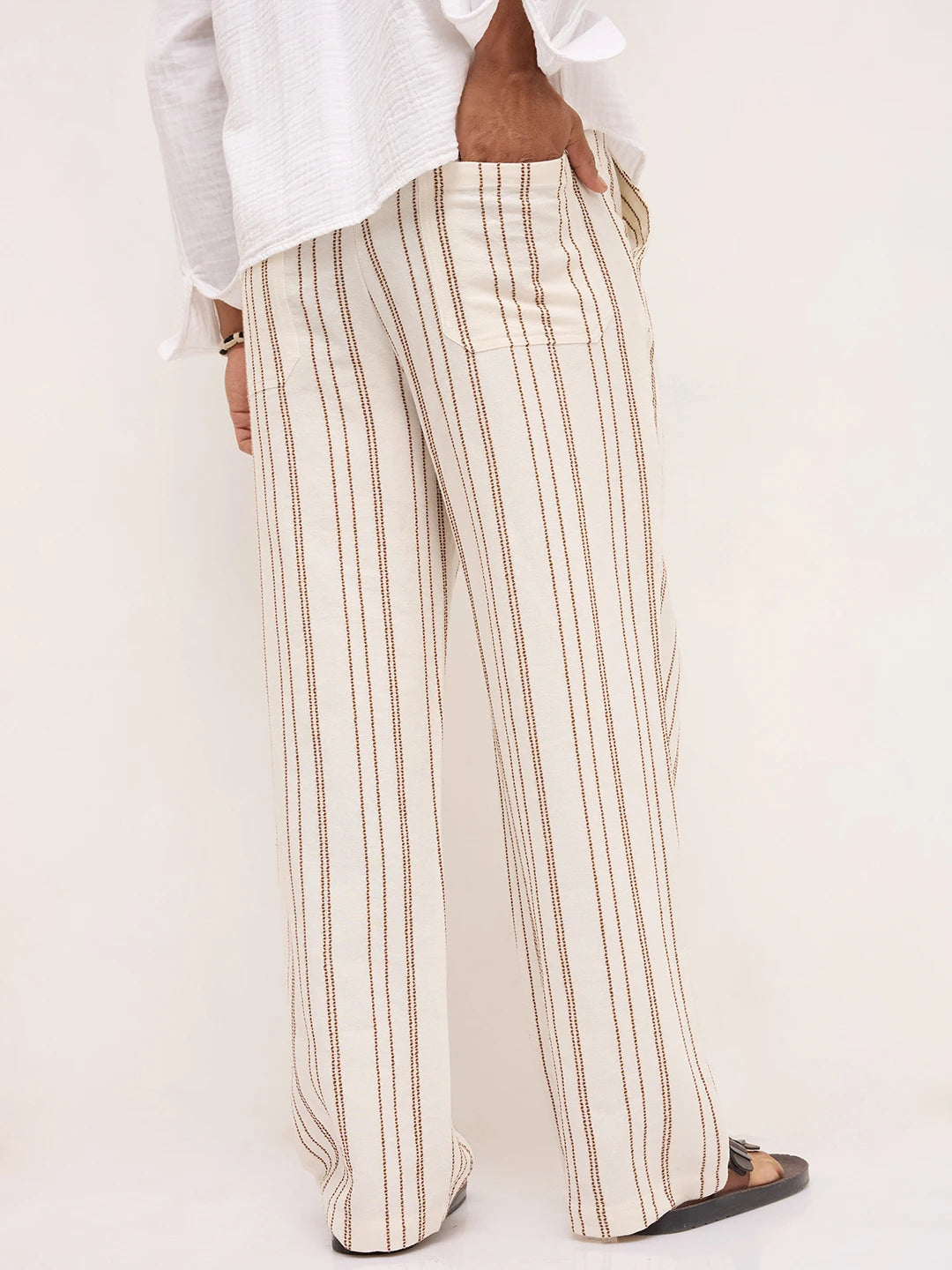 Artistic Off-White Crochet Striped Straight Fit Trousers
