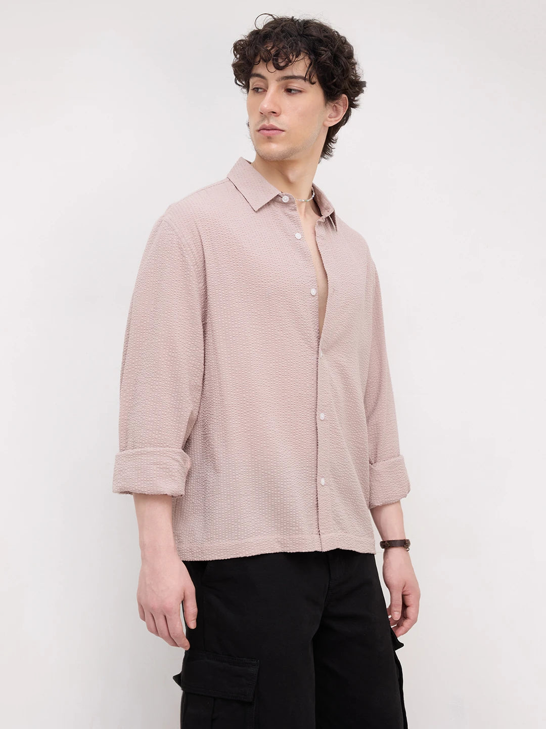 French Beige Seersucker Cuffless Oversized Crop Shirt