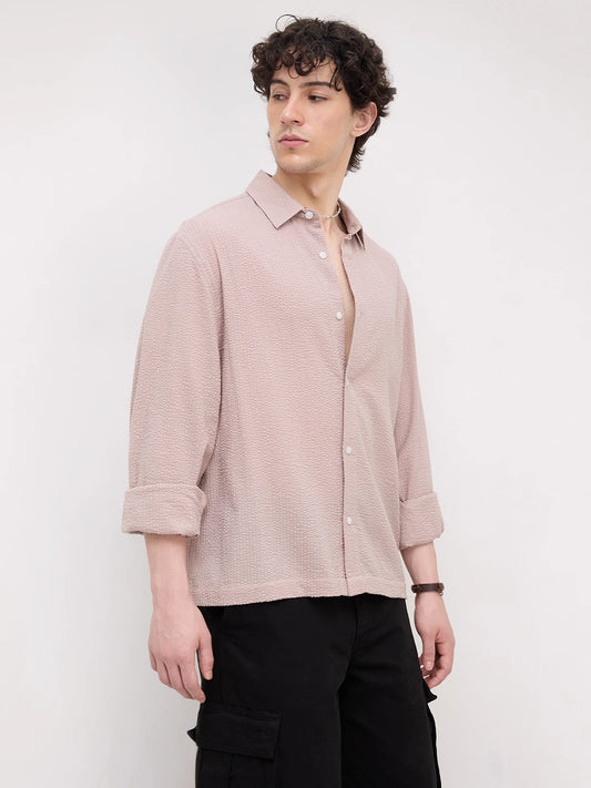 French Beige Seersucker Cuffless Oversized Crop Shirt