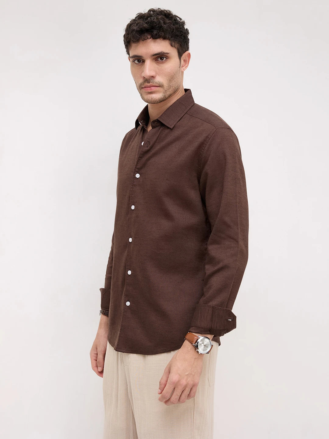 Luxe Deep Saddle Brown Linen Blend Shirt