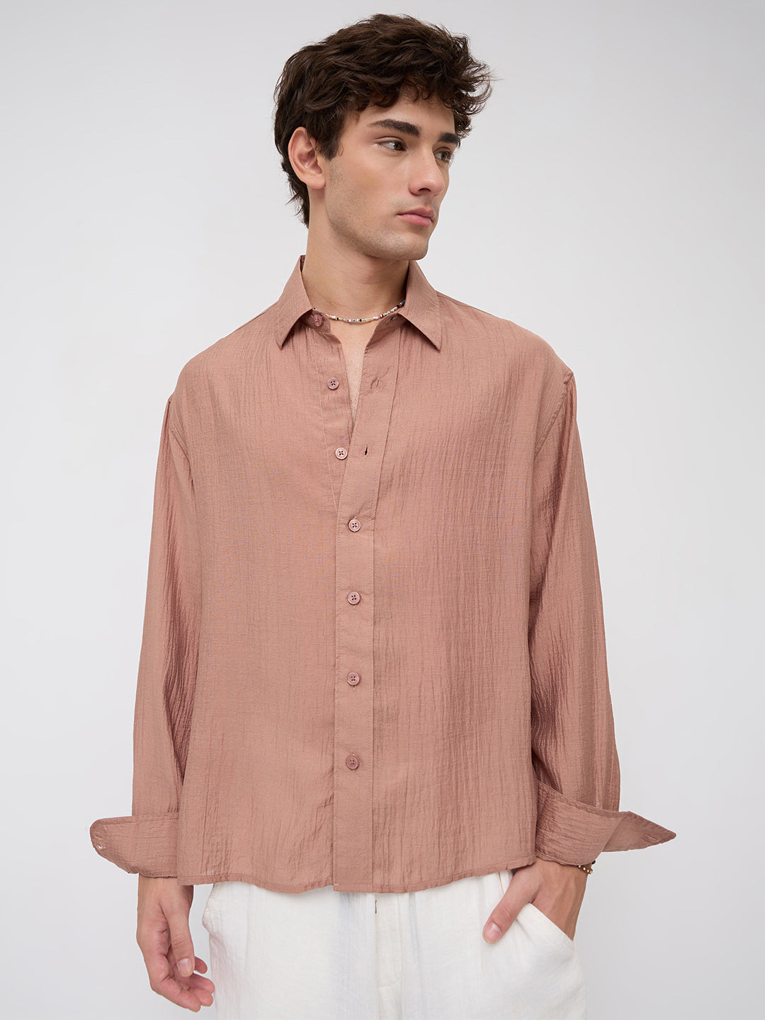 Burnt Clay Sheen Crinkled Boxy Fit Crop Shirt