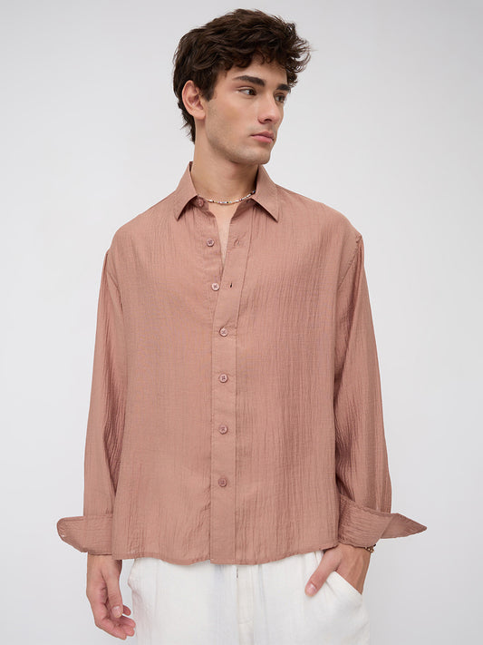 Burnt Clay Sheen Crinkled Boxy Fit Crop Shirt