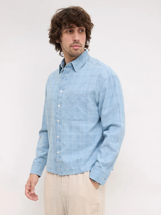 Denim Plaid Checks Boxy Fit Crop Shirt