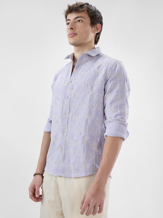Soft Lilac Floral Embroidered Slub Shirt