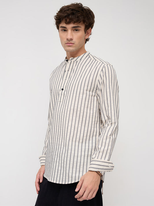 Coastal Ivory Motif Striped Seersucker Embroidered Kurta