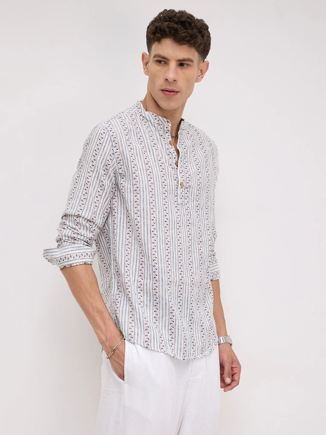 Coastal Mist Linen Blend Striped Kurta