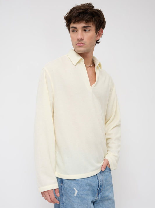 Butter Yellow Micro Weave Knitted Oversized Polo Shirt