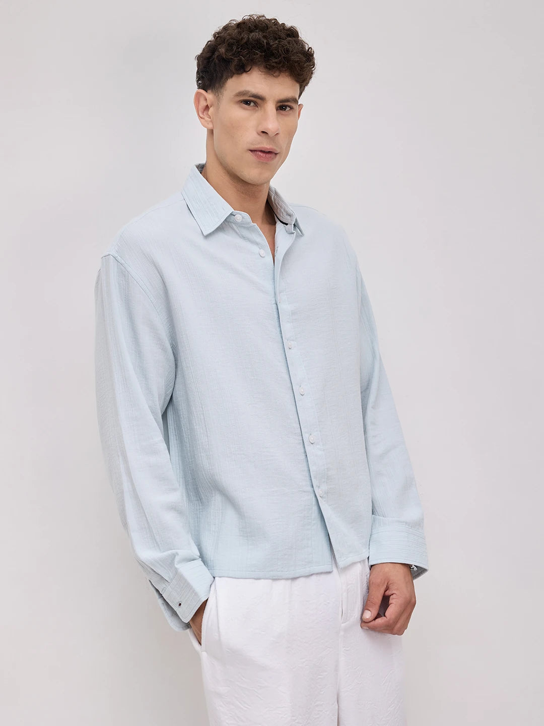 Plush Baby Blue Double Cloth Seersucker Striped Boxy Fit Crop Shirt
