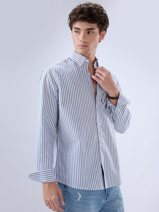 Navy Oxford Vertical Striped Button Down Collar Shirt
