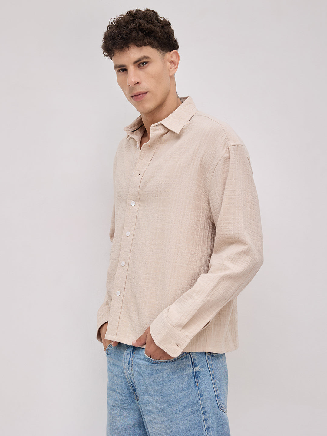 Beige Double Cloth Gauze Textured Boxy Fit Crop Shirt