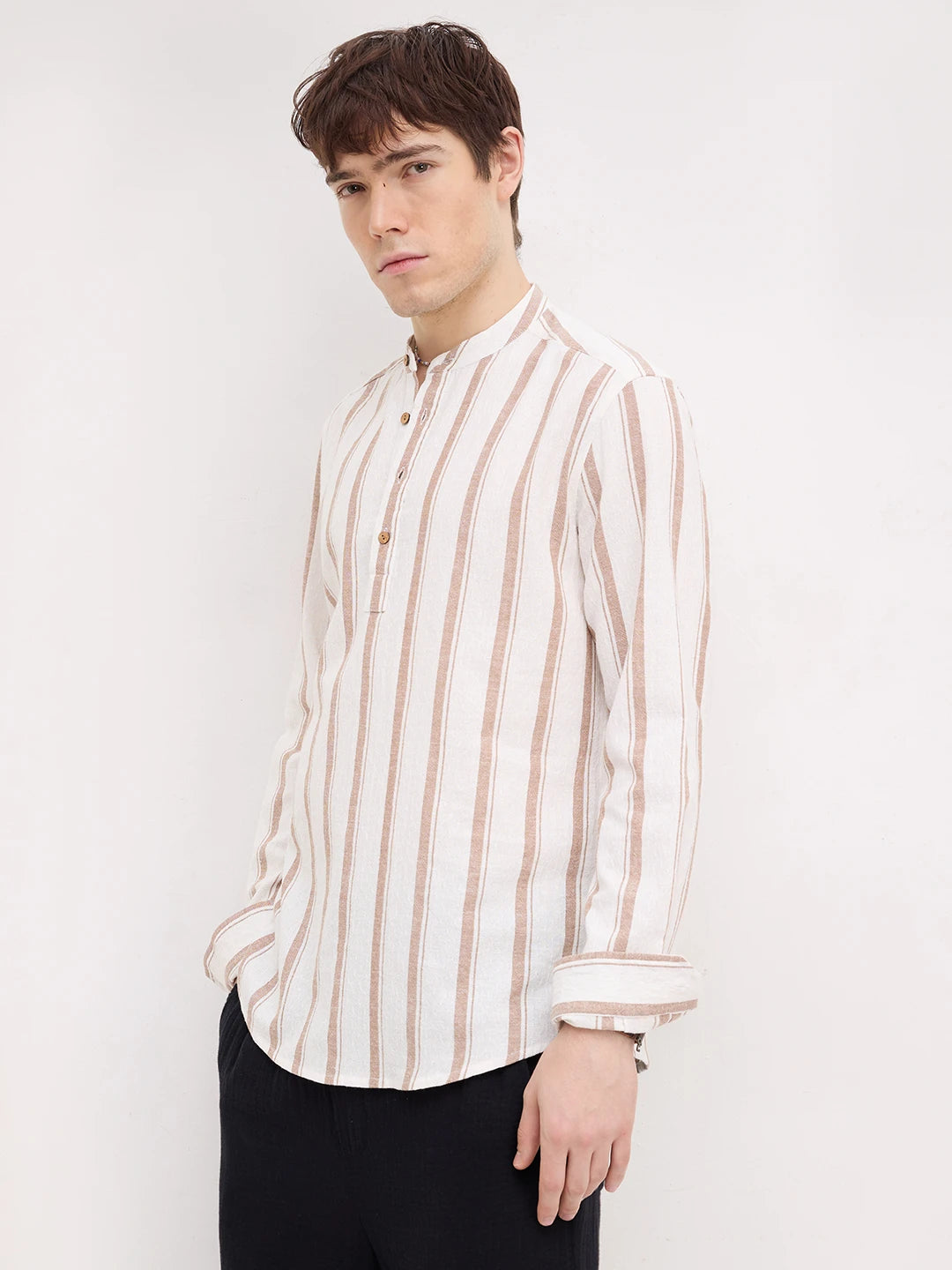 White & Brown Striped Kurta
