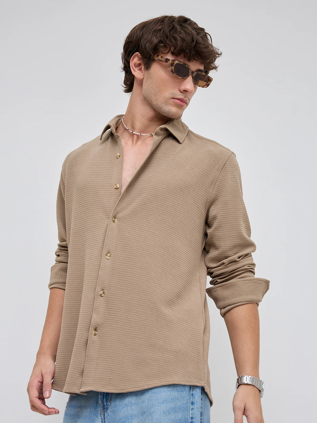 Refined Khaki Gingham Checks Knitted Shirt
