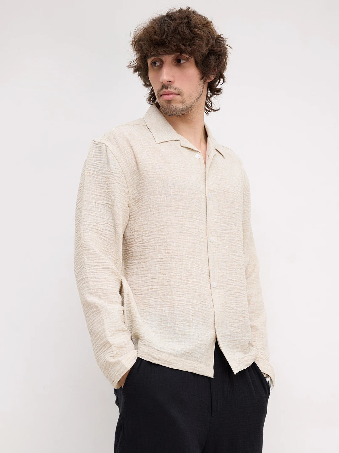 Warm Beige Crinkled  Notch Collar Oversized Shirt
