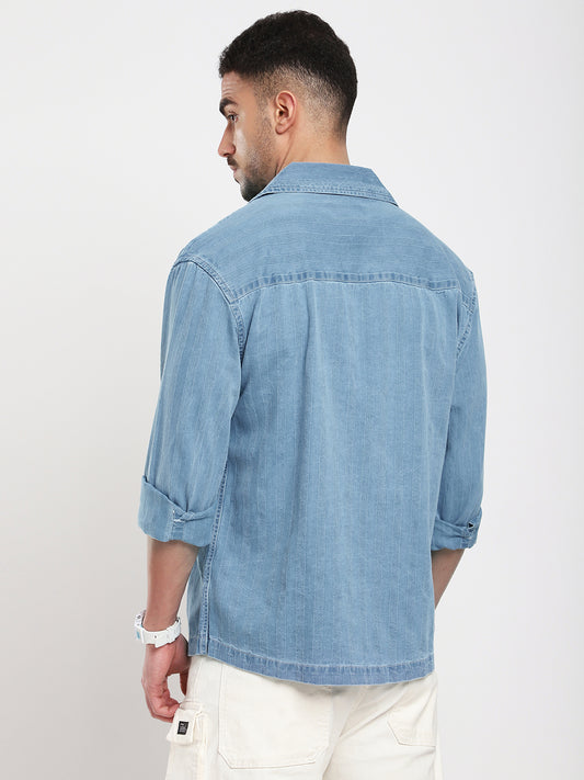 Denim Breeze Horizon Textured Notched Lapel Collar Oversized Shirt