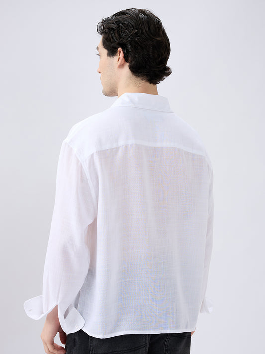 Pearl White Subtle Textured Boxy Fit Crop Shirt