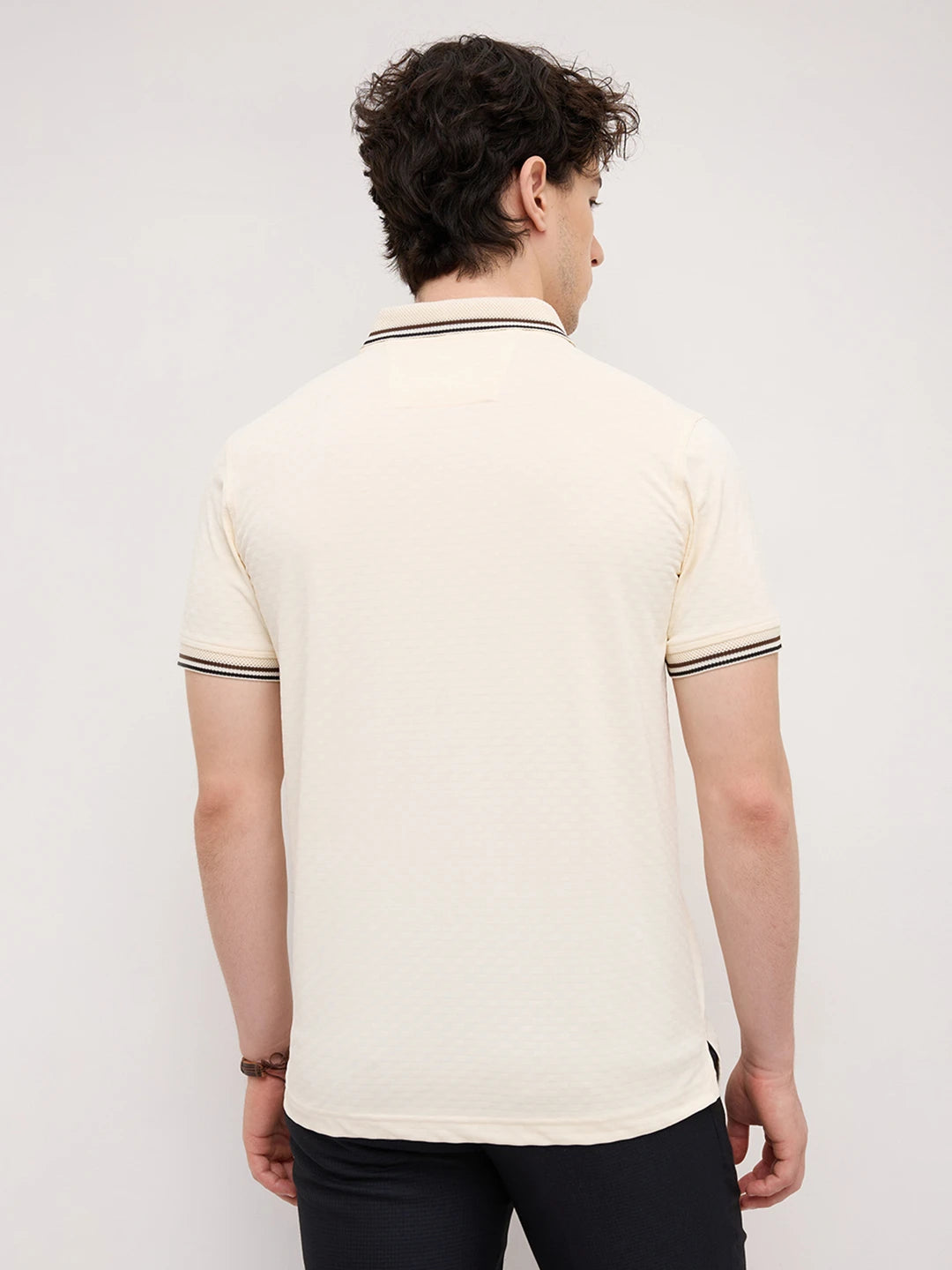 Ivory Contrast Stripe Textured Polo Tee