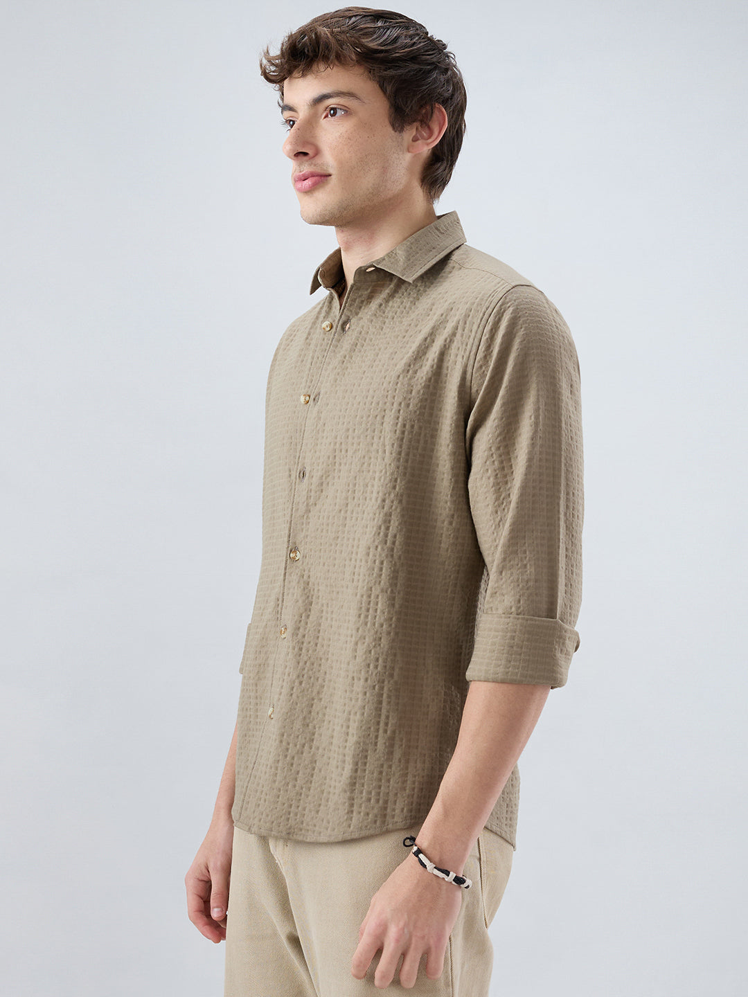 Soft Olive Box Textured Weave Double Cloth Shirt