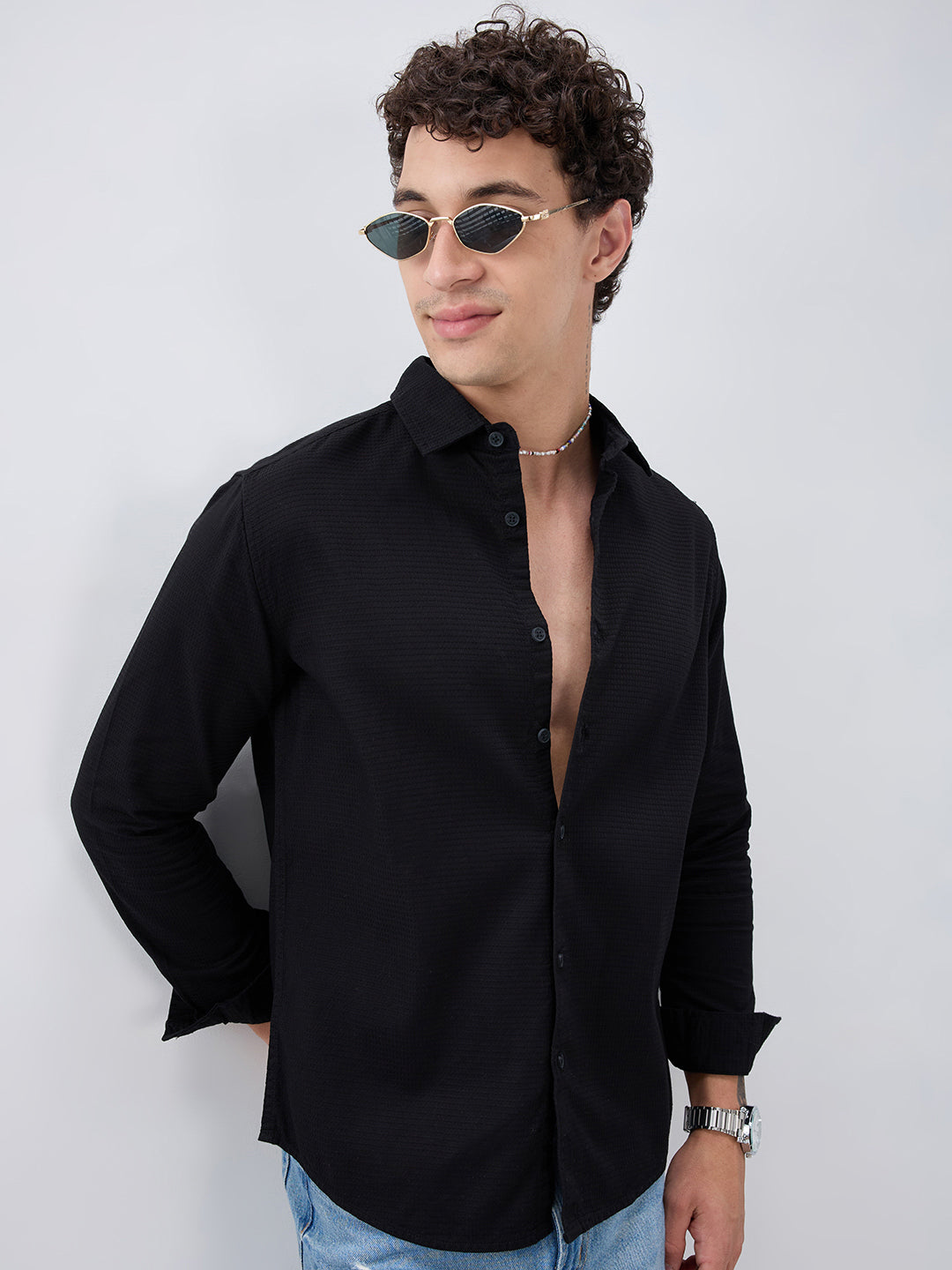 Jade Black Textured Knit Shirt