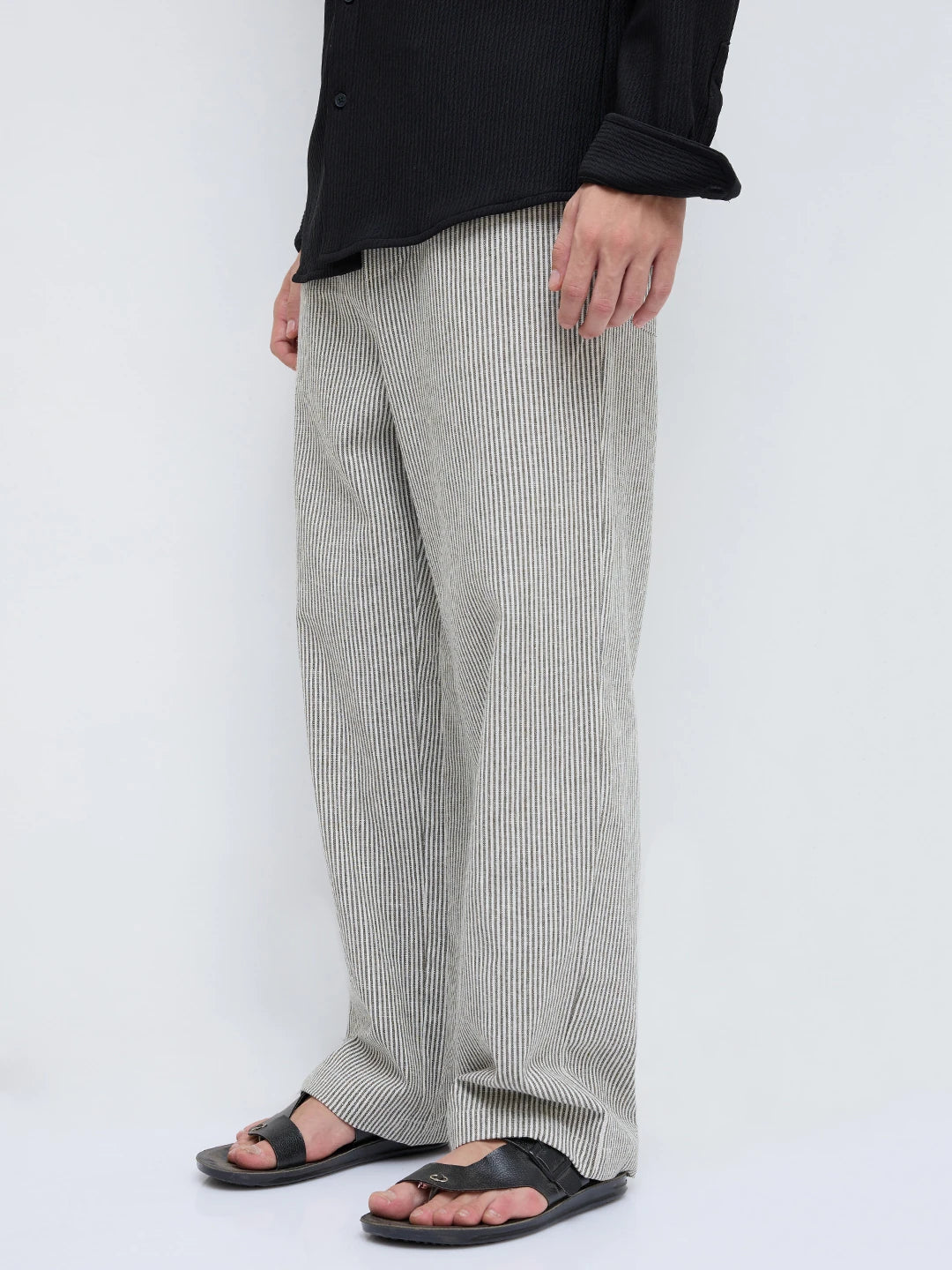 Olive & Off-White Candy Striped Straight Fit Trousers