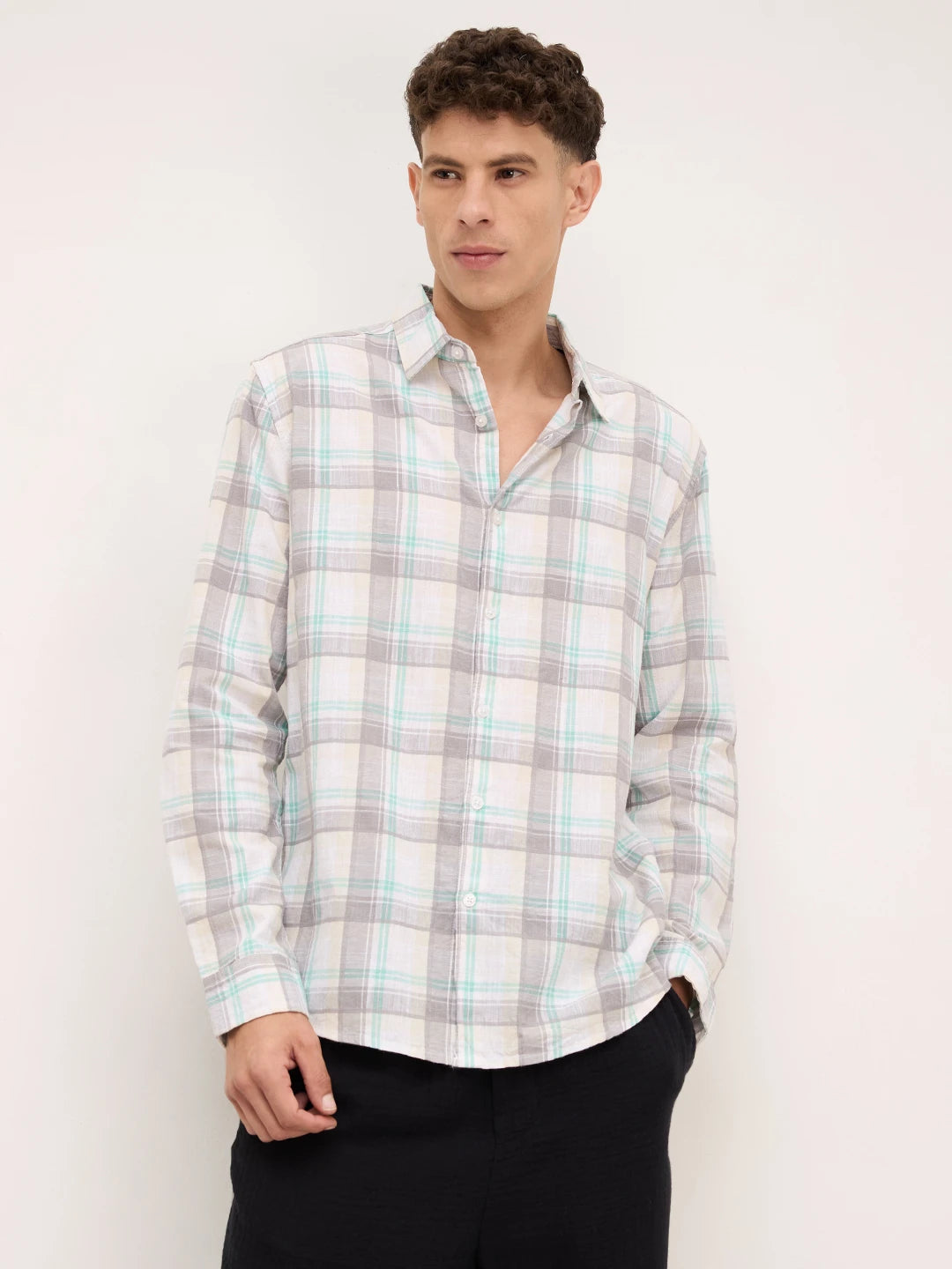 Premium Pastel Green & Grey Plaid Checks Textured Shirt