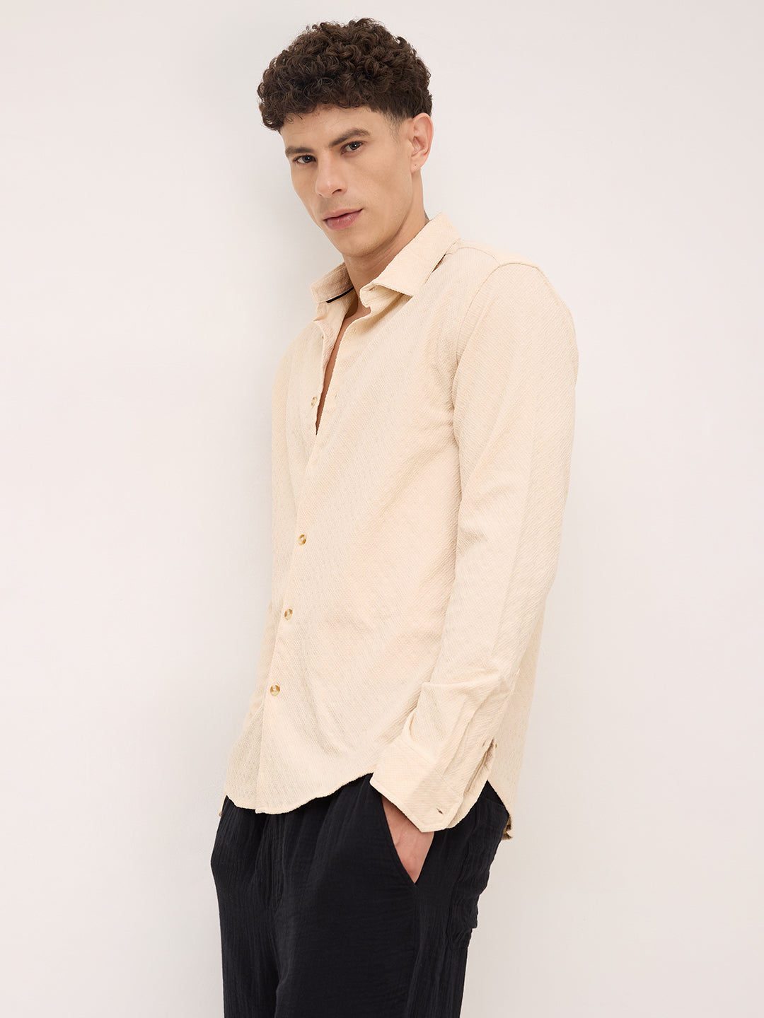 Oyster Cream Geometric Textured Shirt