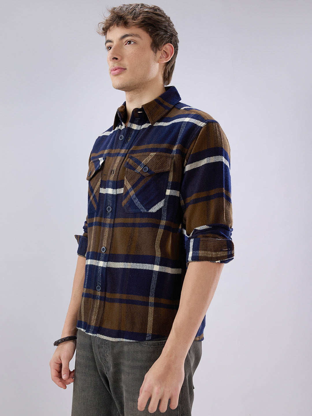 Walnut Brown & Navy Plaid Checks Double Pocket Flannel Shirt