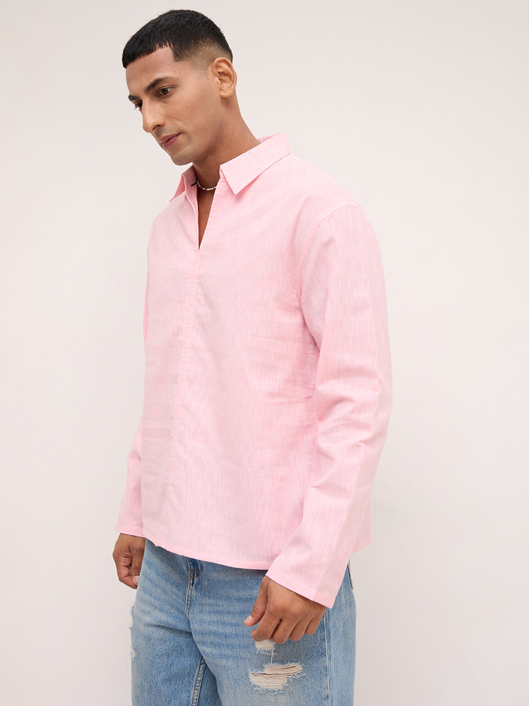 Soft Pink Textured Center Seam Oversized Polo Shirt