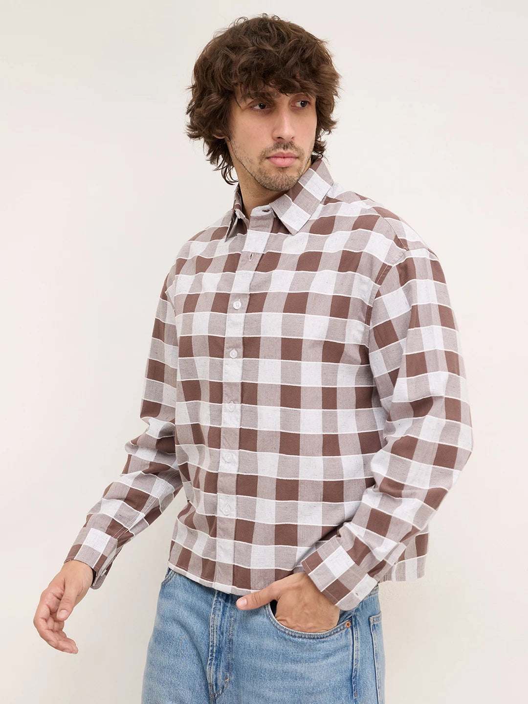 Chocolate Brown & White Ghingham Checks Boxy Fit Crop Shirt