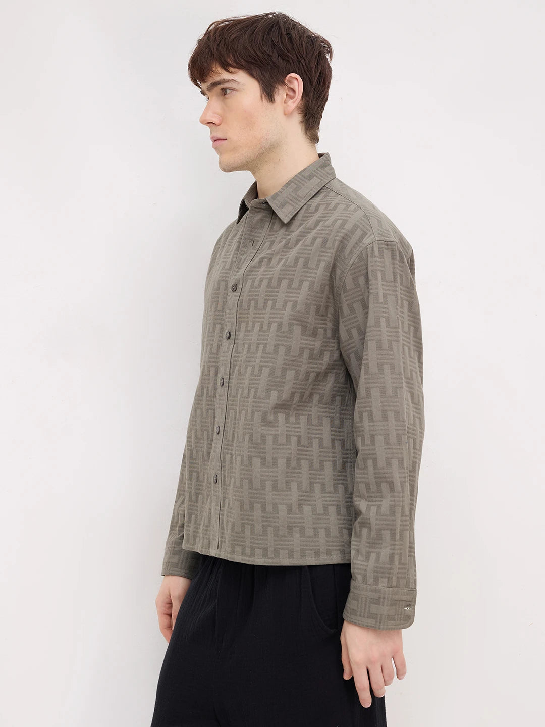 Contemporary Ash Grey Architectural Weave Textured Boxy Fit Crop Shirt
