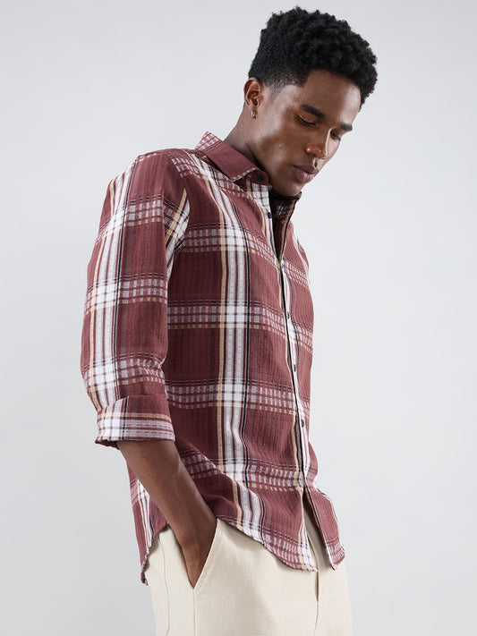 Autumn Brew Soft Textured Checks Maroon Shirt