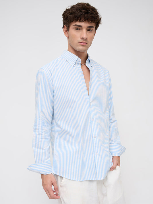 Soft Blue Oxford Vertical Striped Button-Down Collar Shirt