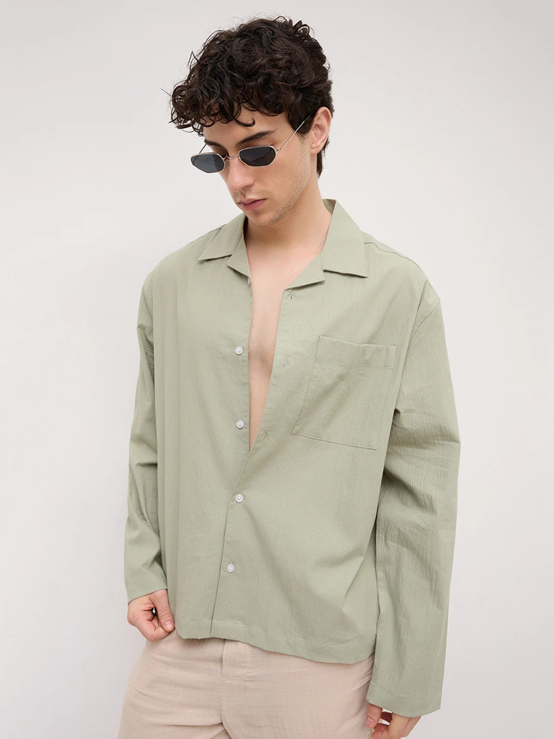 Pistachio Green Fine Textured Notch Collar Oversized Shirt