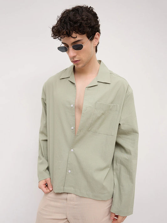 Pistachio Green Fine Textured Notch Collar Oversized Shirt
