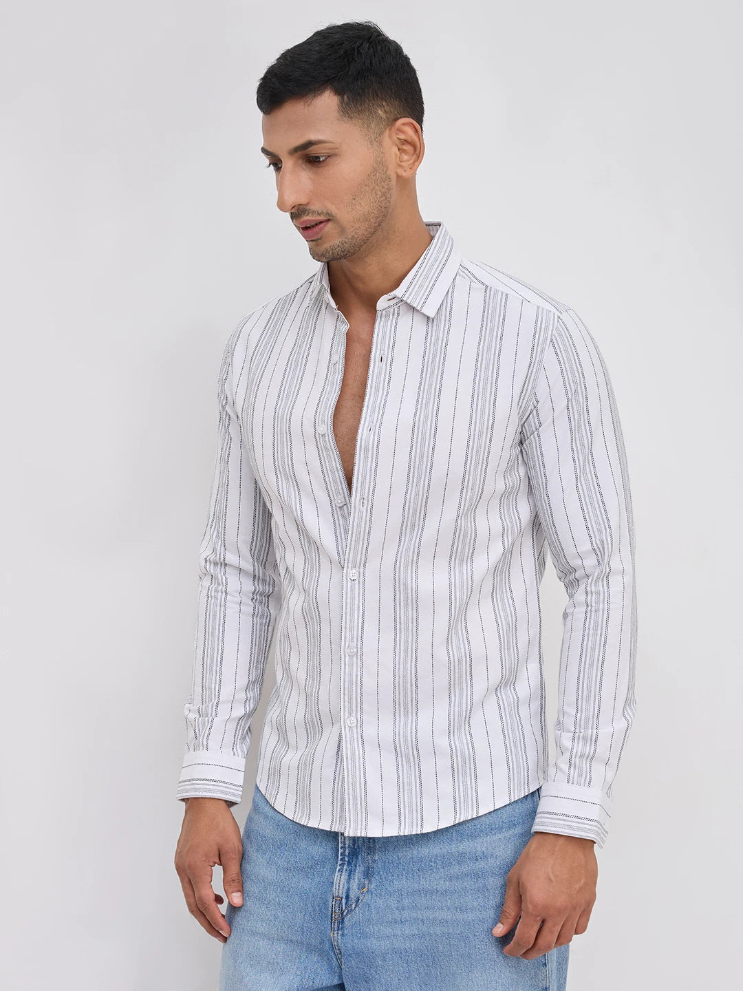 Monochrome Fine Threadwork Striped Shirt