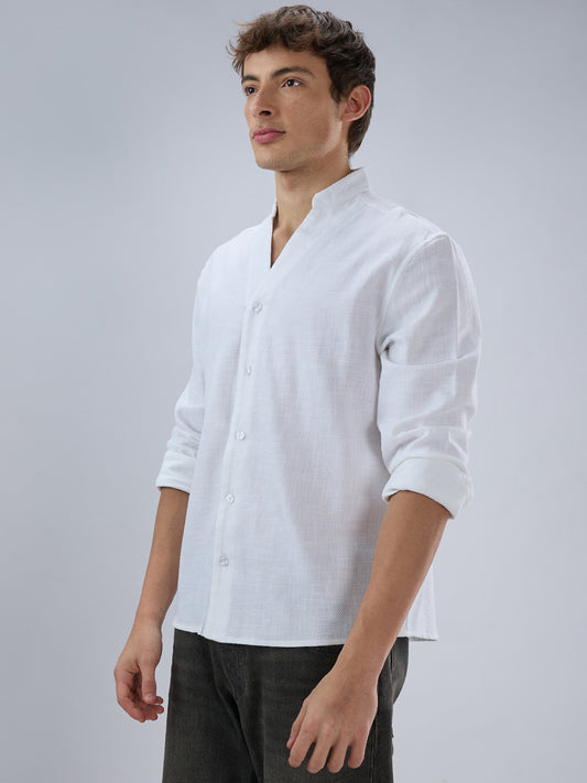 Soft Snow White Diagonal Textured Stand Collar Oversized Shirt