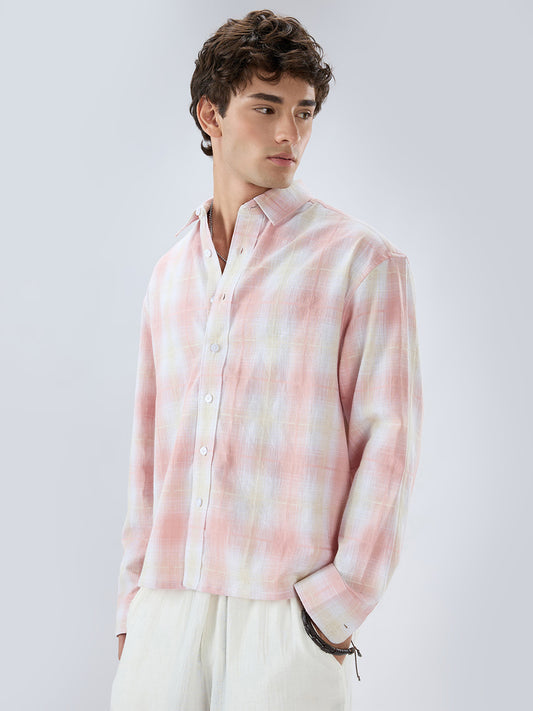 Peachy Pink Textured Checks Weave Linen Blend Boxy Fit Crop Shirt